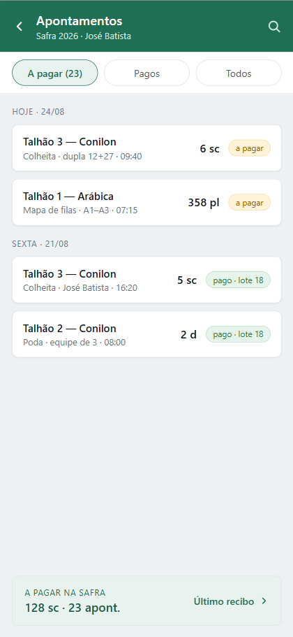 Lista de apontamentos do colaborador no celular, separada entre a pagar, pagos e todos, com o total a pagar da safra no rodapé.