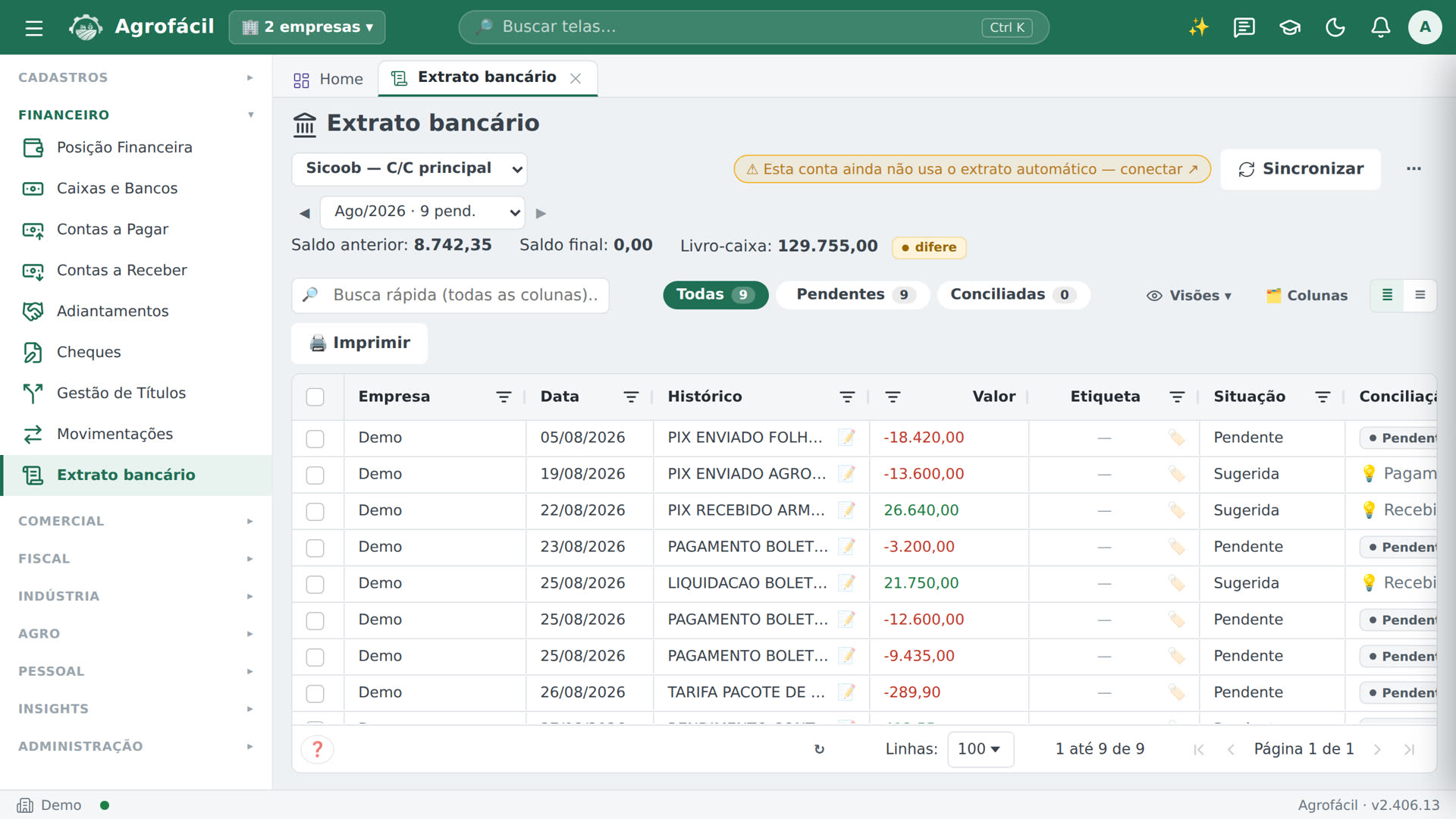 Extrato bancário do AgroFácil com as linhas do banco e a situação de conciliação de cada uma.