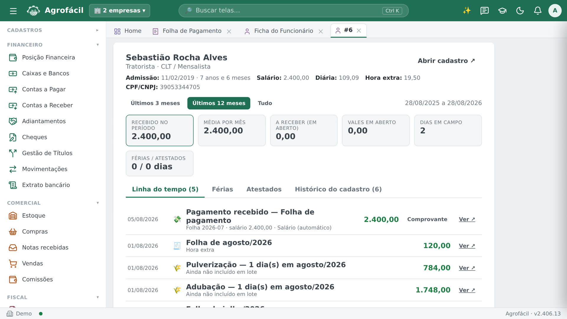 Ficha do colaborador no AgroFácil com o resumo do que recebeu e a linha do tempo dele.