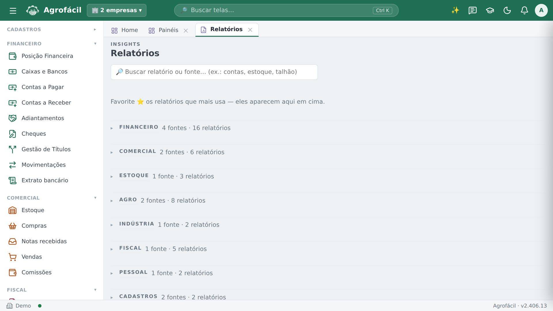 Lista de relatórios do AgroFácil agrupados por módulo.